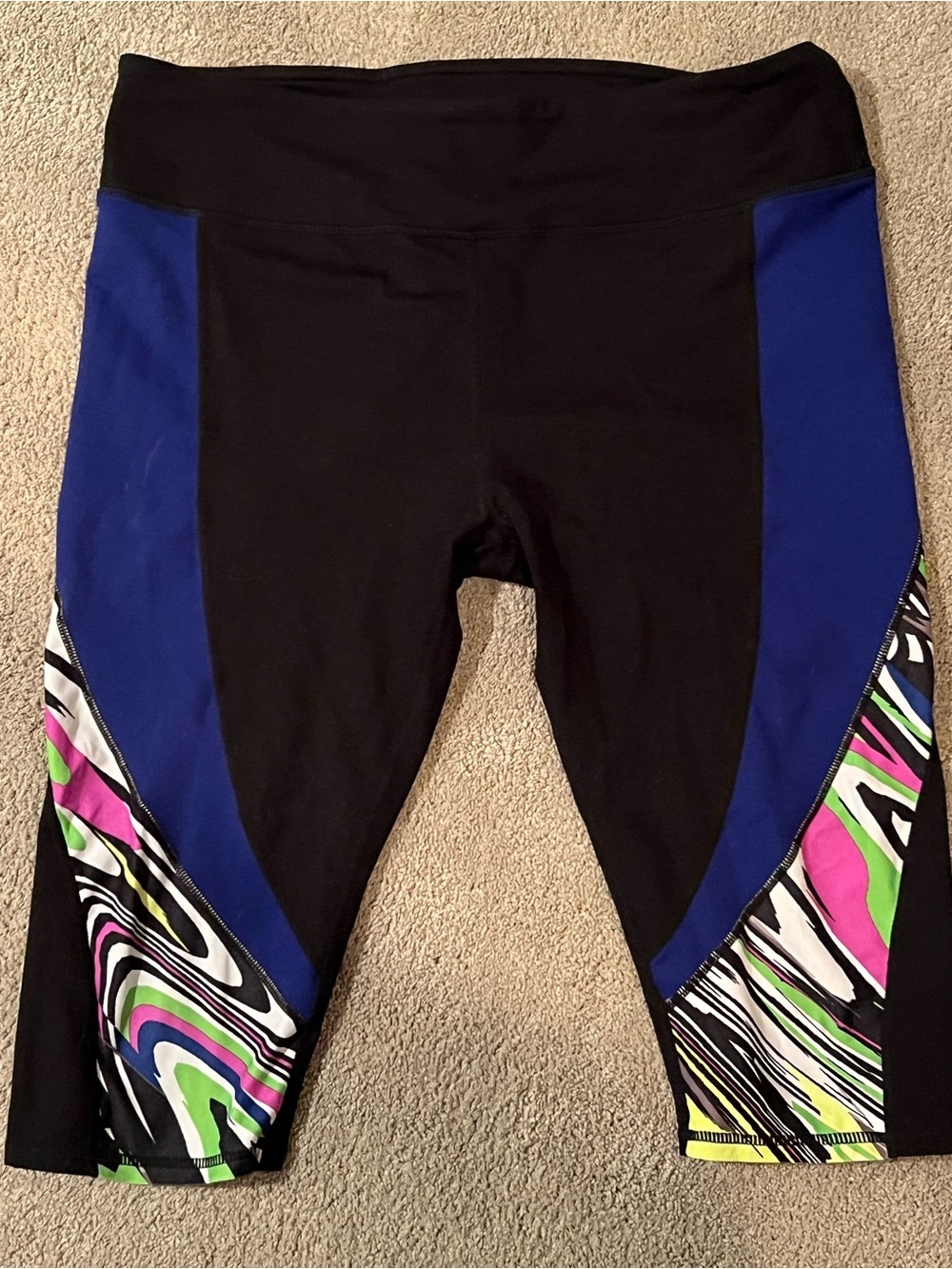 Fabletics Black Capri Leggings with Blue, Neon Yellow & Pink Accents - Picture 2 of 5